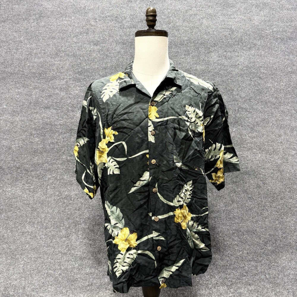 Tommy Bahama Mens XL Hawaiian Shirt 100% Silk Black Yellow Hibiscus Floral